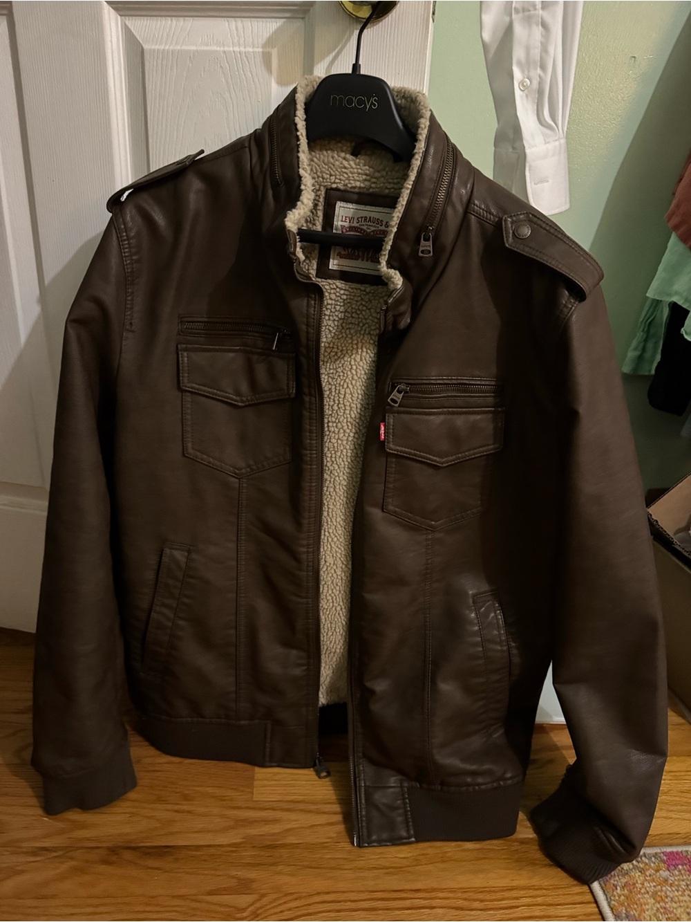 Levi's Men's Dark Brown Faux Leather Bomber with Cream Sherpa Lining
